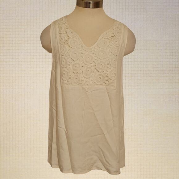 Embroidered Lace Yoke Cream Sleeveless Blouse Kensie Medium Boho Top - Picture 1 of 7